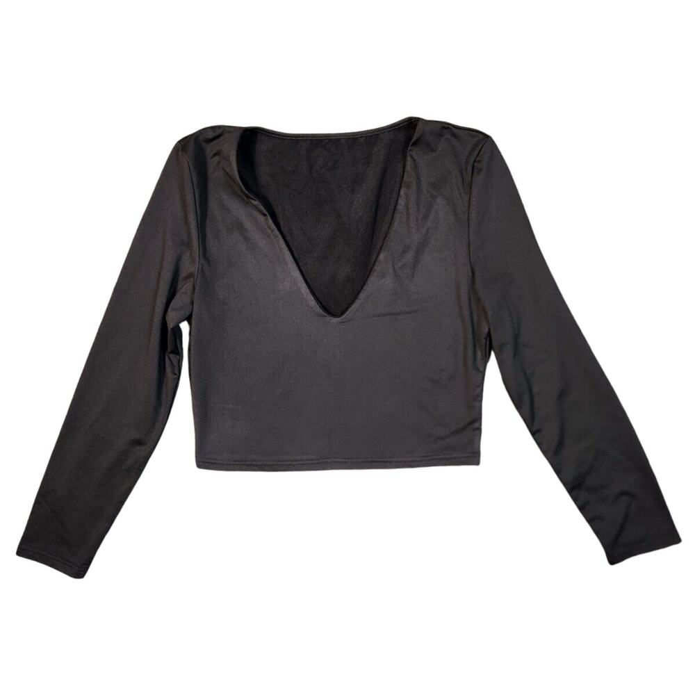 Deep V Neck Long Sleeve Fleece Lined Crop Top Womens Size Large Black